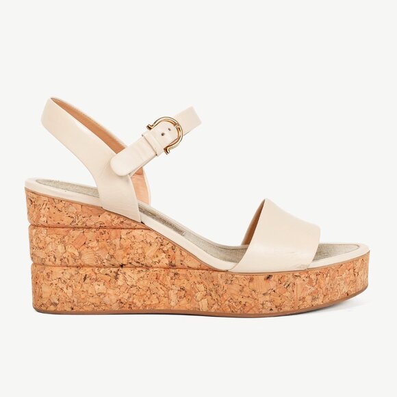Salvatore Ferragamo Madea Cream Leather & Cork Wedge Sandals - Picture 1 of 10